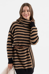 Camel Striped Turtleneck Sweater Dress