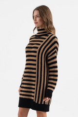 Camel Striped Turtleneck Sweater Dress