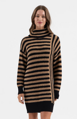 Camel Striped Turtleneck Sweater Dress