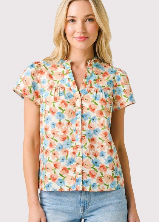 Spring Is Calling Coral & Blue Floral Button Top - The Nines