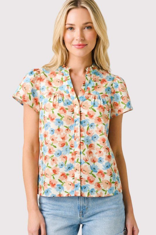 Spring Is Calling Coral & Blue Floral Button Top - The Nines