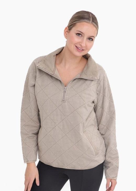 FINAL SALE - Taupe Mineral Wash Half Zip Quilted Pullover