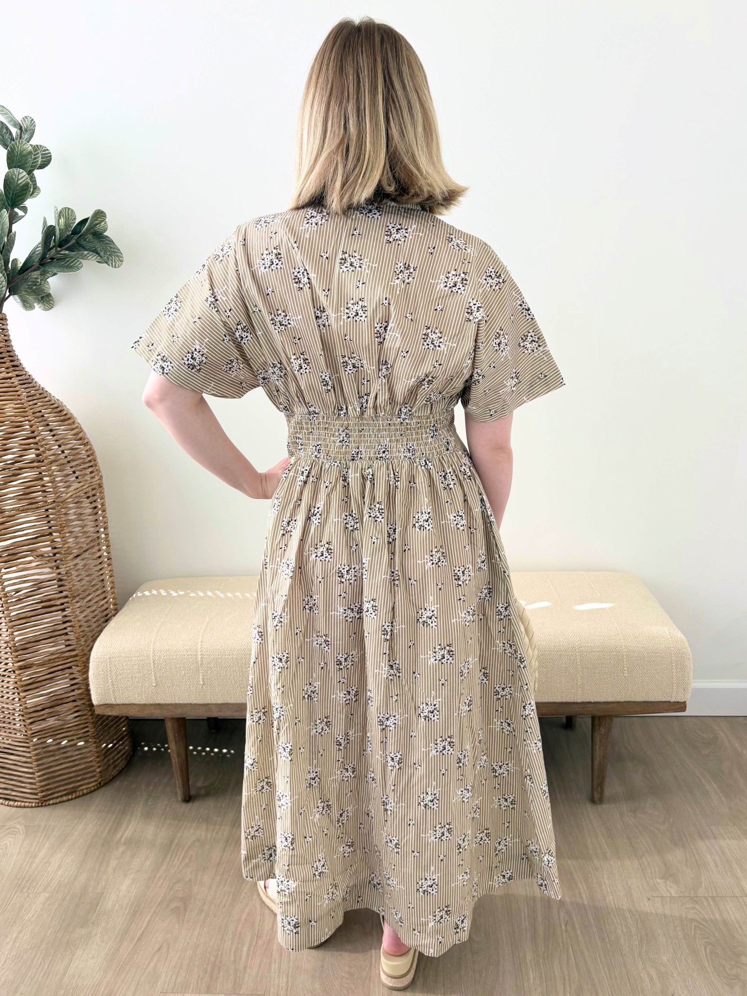 Beige Floral Pinstripe Button Down Dress - The Nines