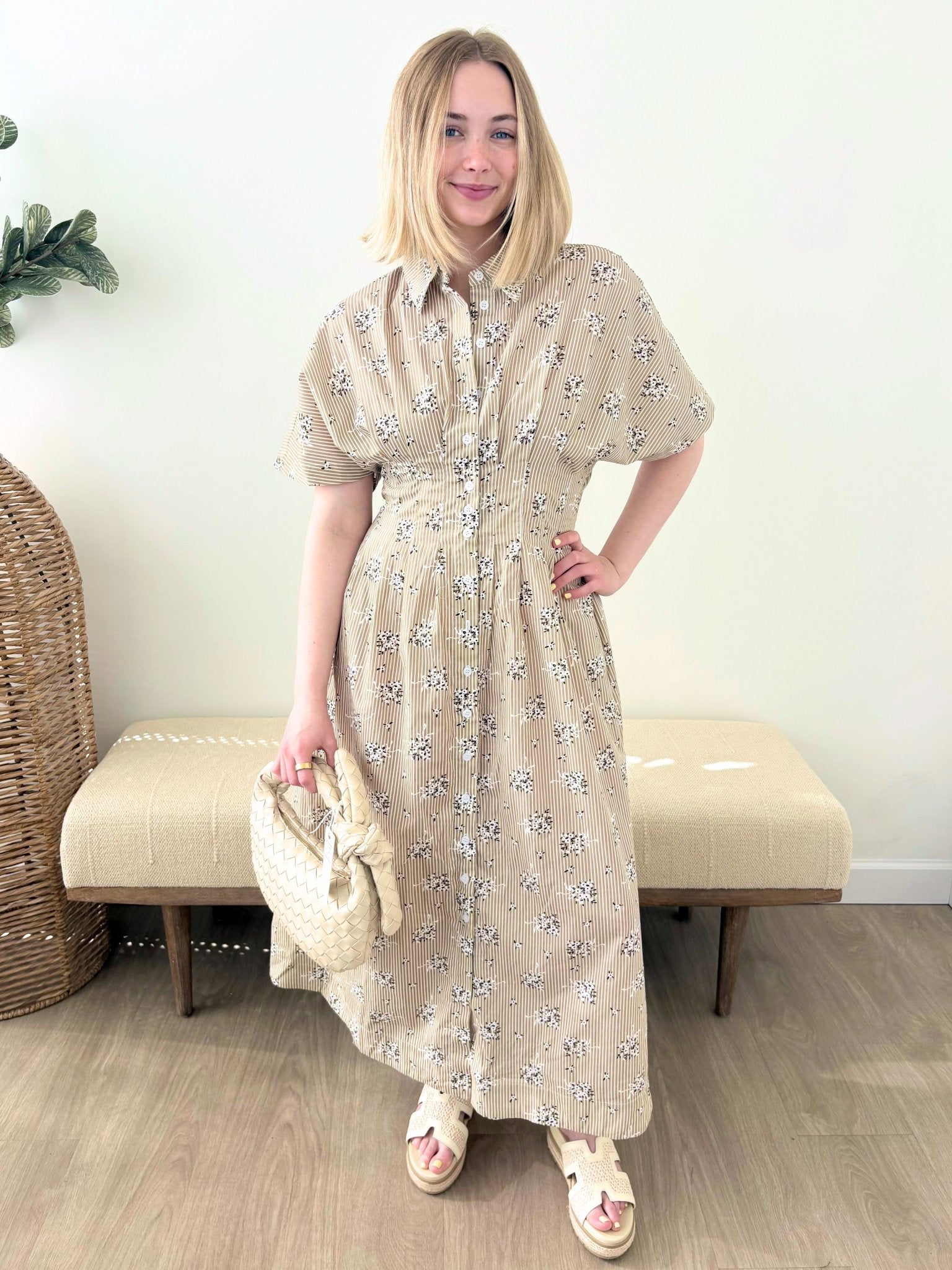 Beige Floral Pinstripe Button Down Dress - The Nines