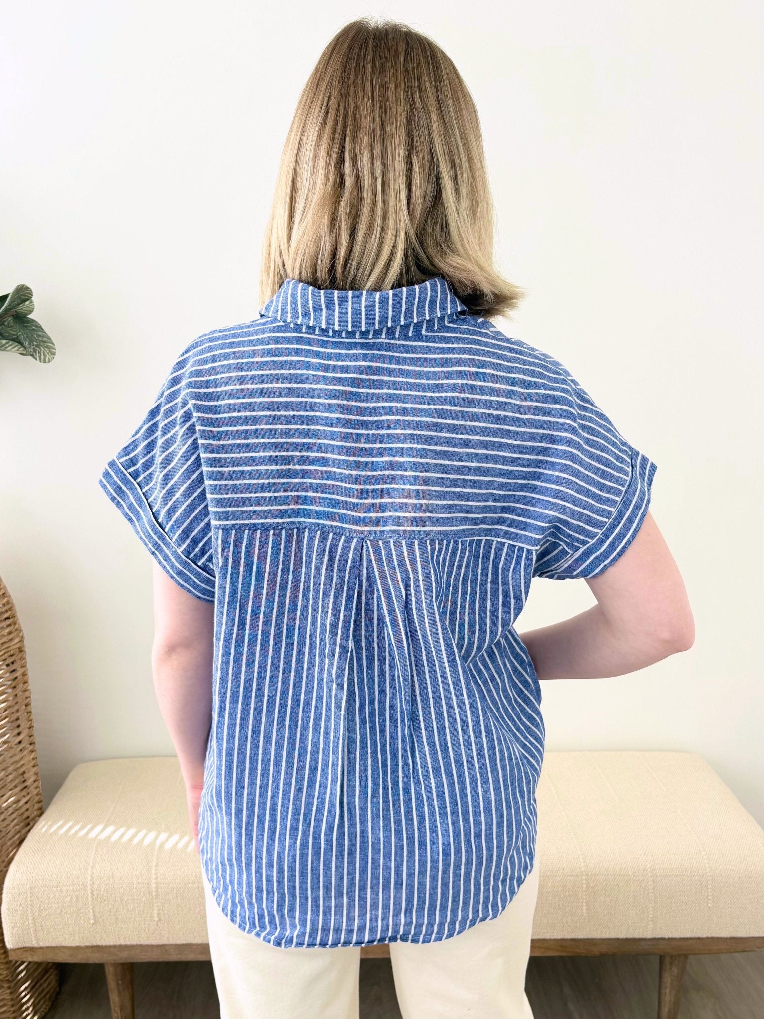 Denim Blue Striped Linen Top - The Nines