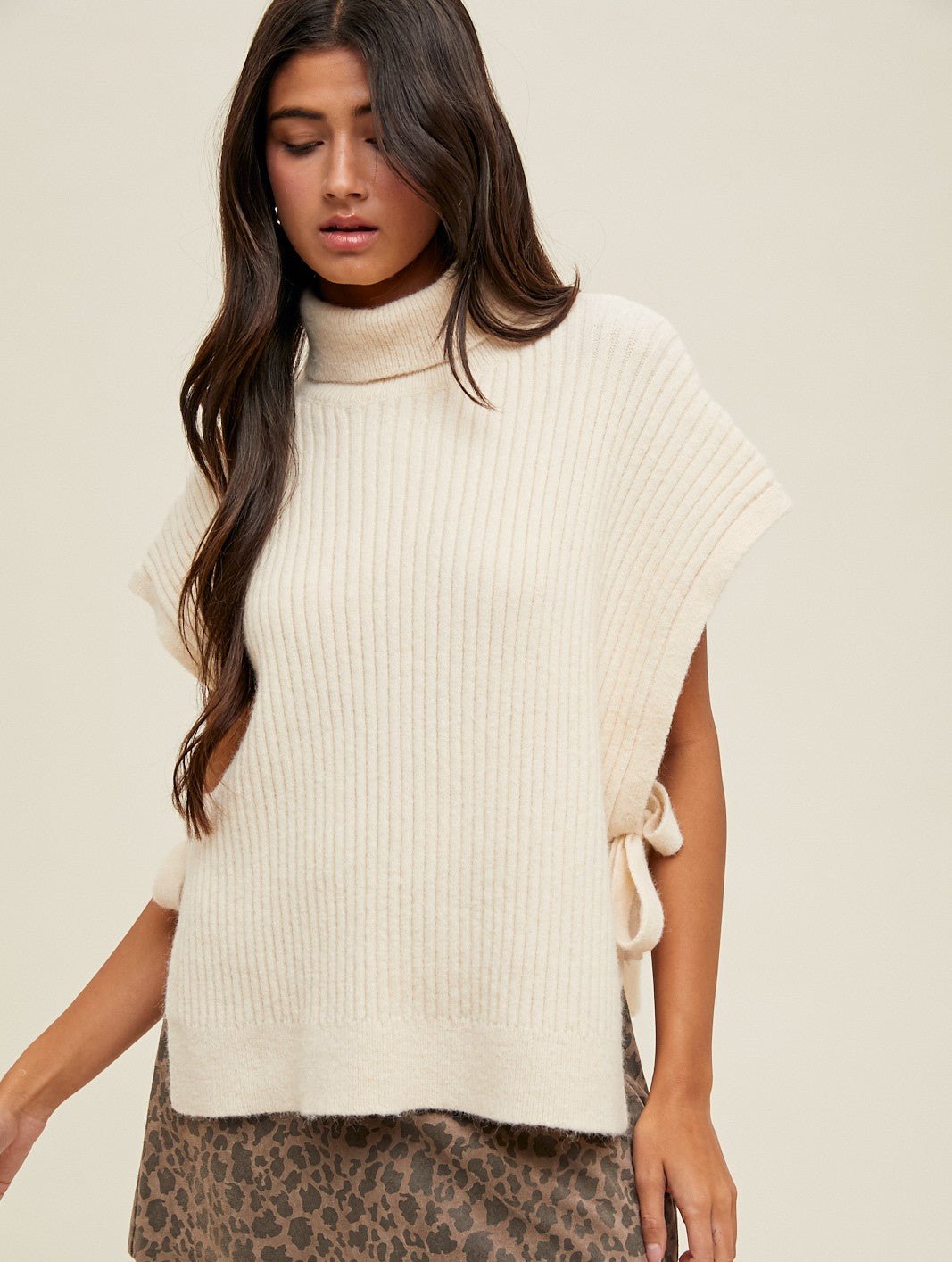 Cream Turtleneck Side Tie Sweater Vest - The Nines