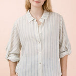 White & Blue Printed Roll Up Sleeve Top - The Nines