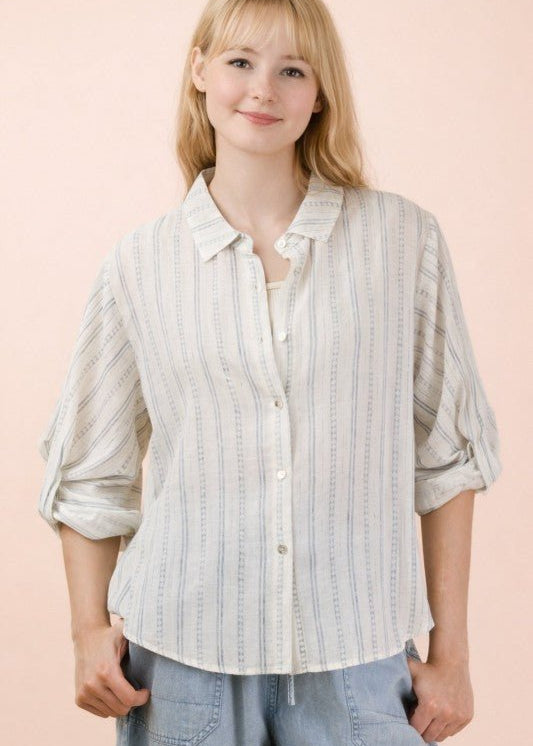 White & Blue Printed Roll Up Sleeve Top - The Nines