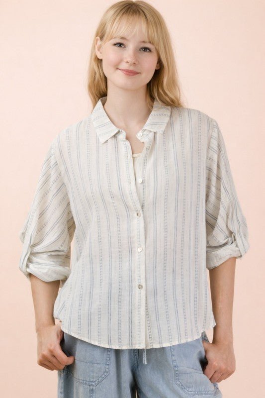 White & Blue Printed Roll Up Sleeve Top - The Nines