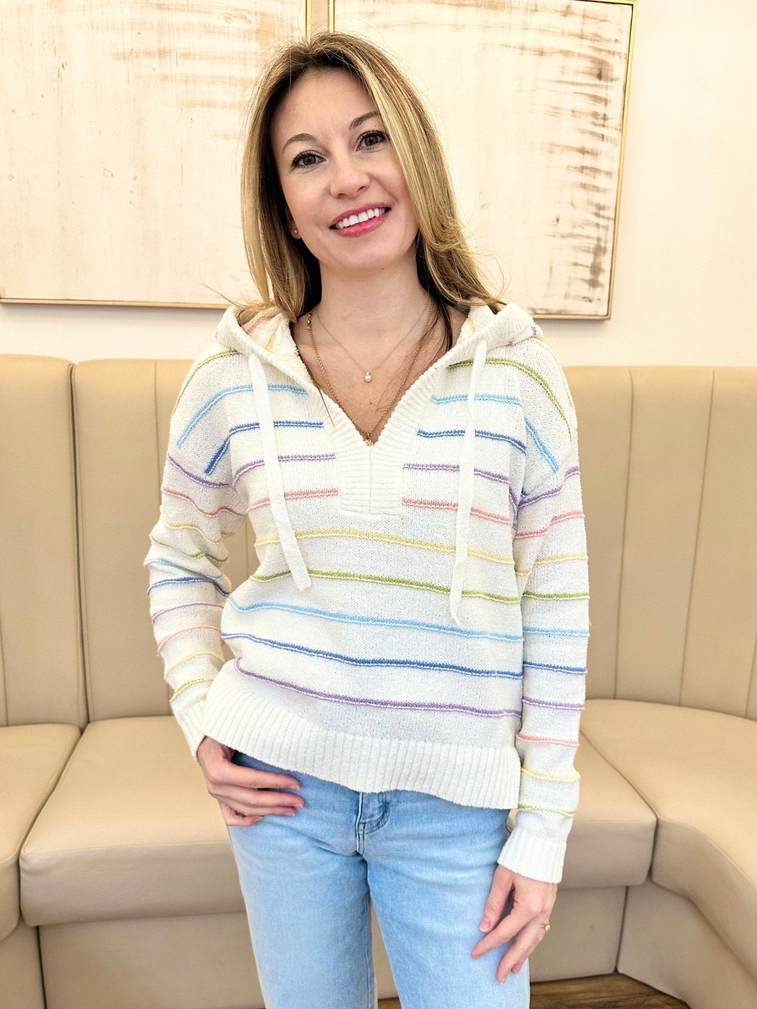 White Multicolor Striped Hoodie - The Nines