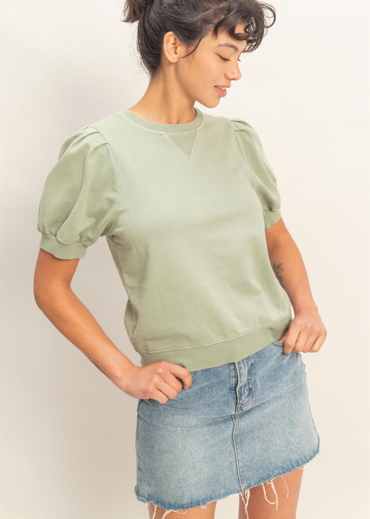 Sage Puff Crew Neck - The Nines