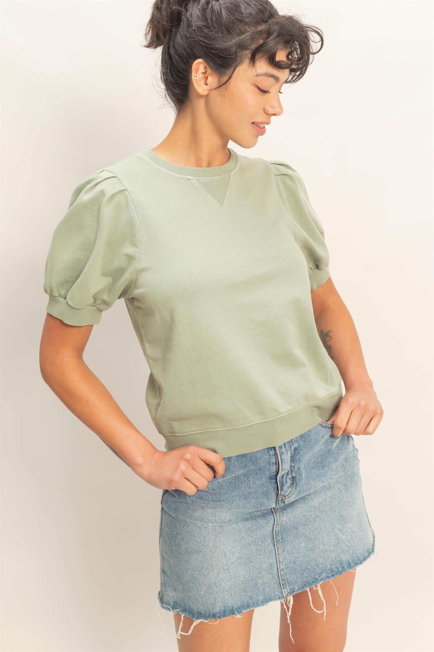 Sage Puff Crew Neck - The Nines