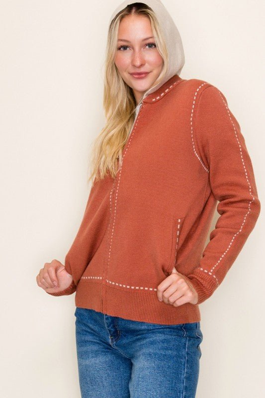 Stitched Sweater Jacket with Detachable Hood - 2 Colors! - The Nines