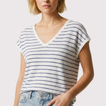 Ivory & Navy Striped V - neck Knit Top - The Nines