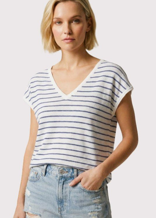 Ivory & Navy Striped V - neck Knit Top - The Nines