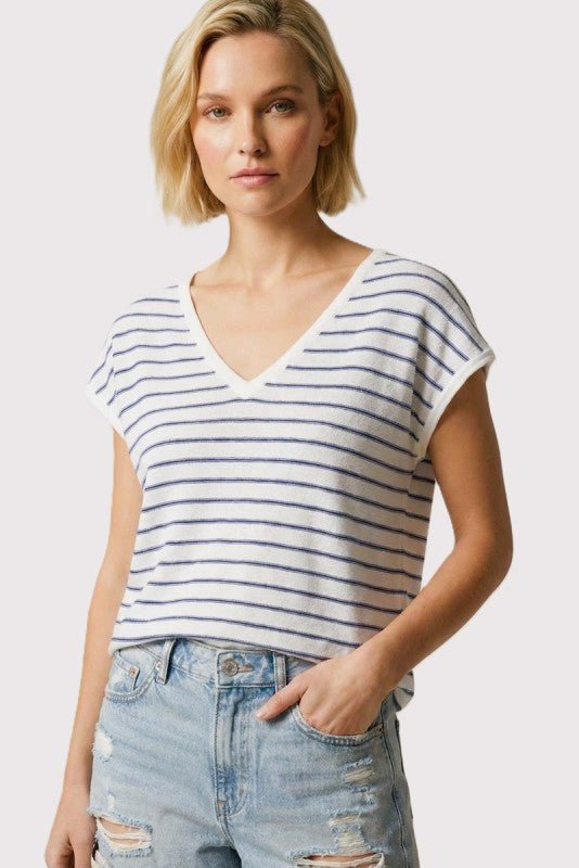 Ivory & Navy Striped V - neck Knit Top - The Nines