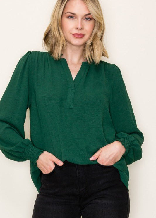 Split Neck Smocked Sleeve Top - 3 Colors! - The Nines