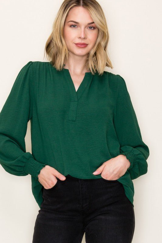Split Neck Smocked Sleeve Top - 3 Colors! - The Nines