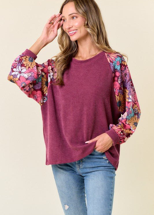Dahlia Floral Sleeve Ribbed Tops - 2 Colors! - The Nines