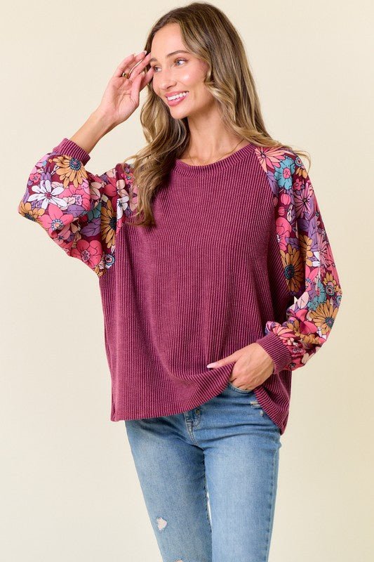 Dahlia Floral Sleeve Ribbed Tops - 2 Colors! - The Nines