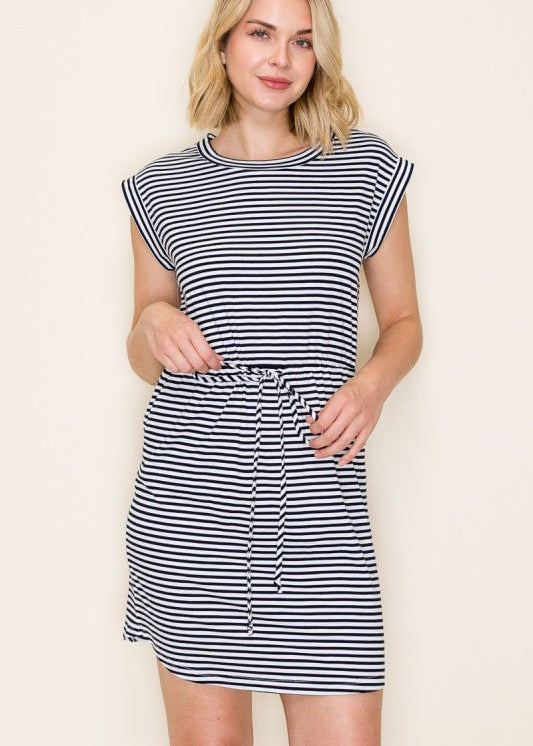 Navy Striped Drawstring Dress - The Nines