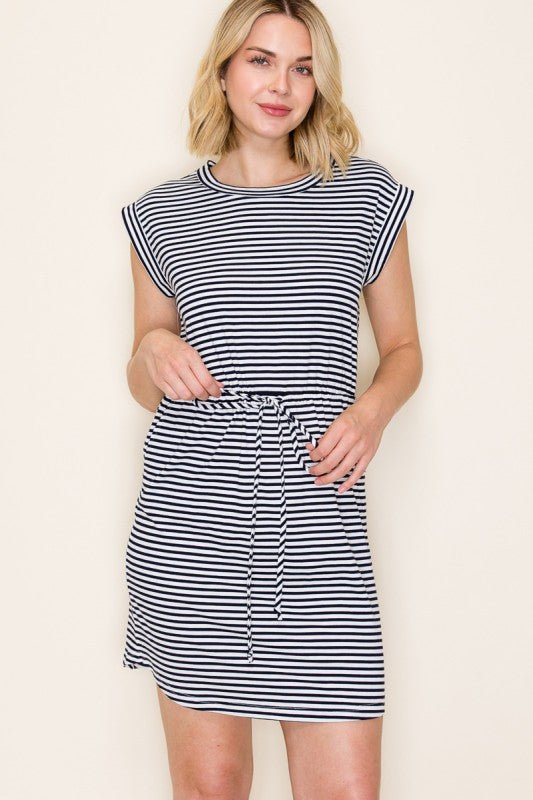 Navy Striped Drawstring Dress - The Nines