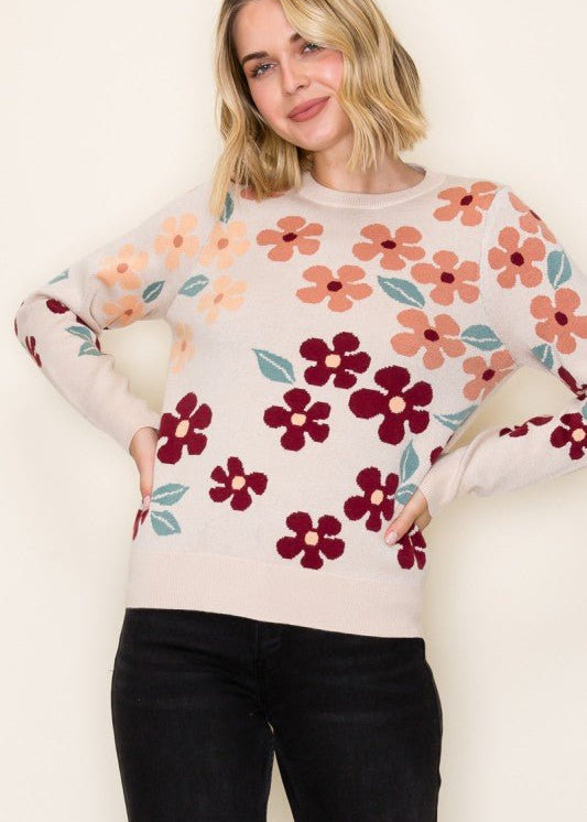 Taupe Floral Sweater Top - The Nines