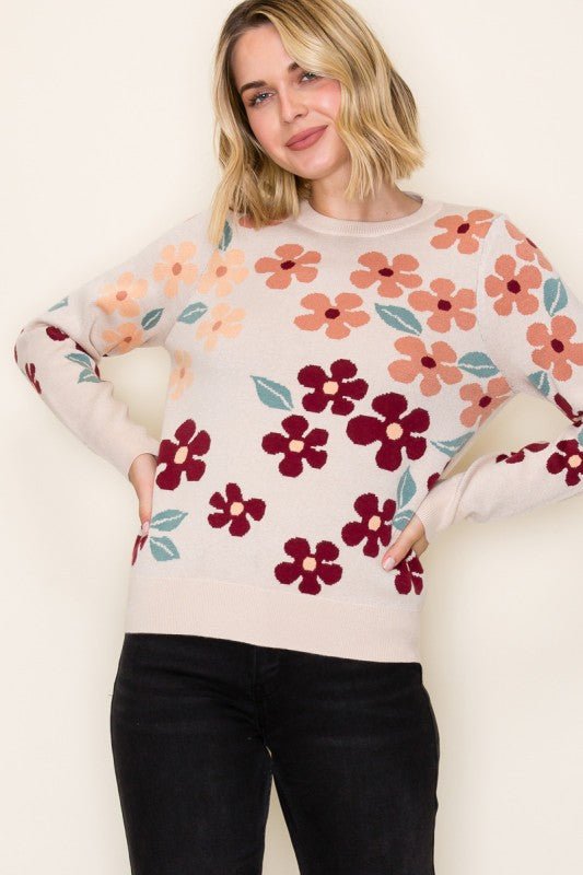 Taupe Floral Sweater Top - The Nines