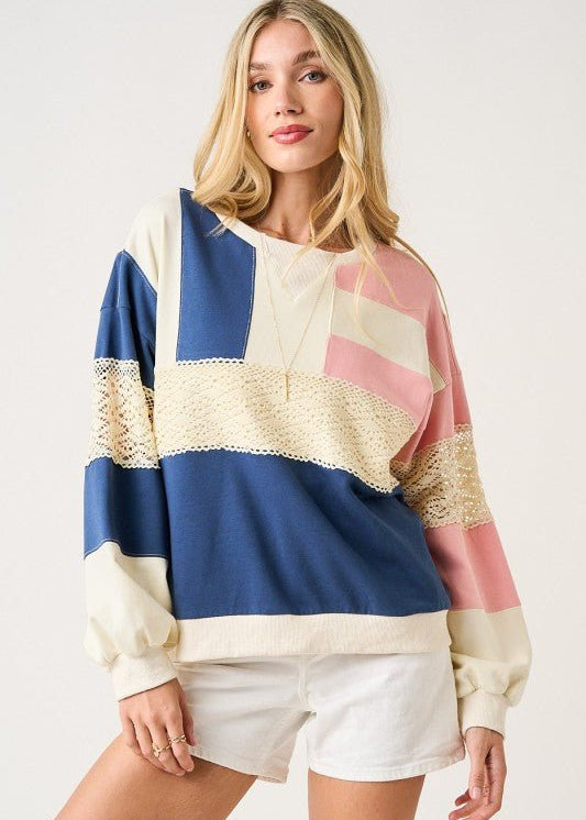 Navy & Pink Lace Detail Pullover - The Nines