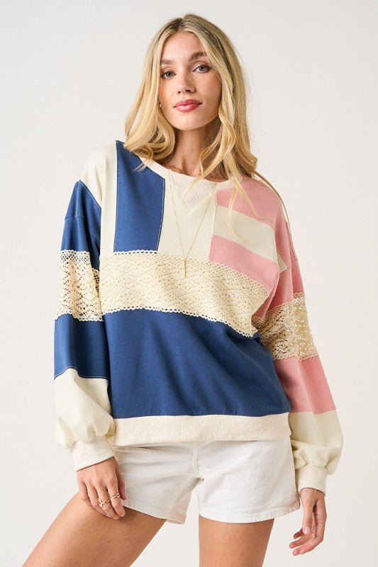 Navy & Pink Lace Detail Pullover - The Nines