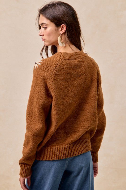 Floral Embroidered Dark Mocha Sweater - The Nines