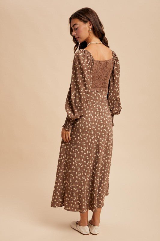Mocha Mousse Lace Panel Floral Dress - The Nines