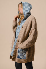 Washed Check Denim Oversized Zip Up Sweater Cardigan