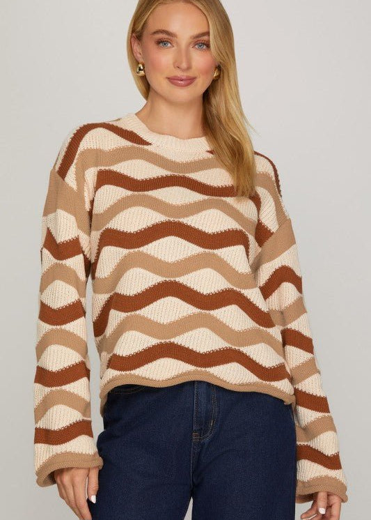Caramel & Taupe Wavy Striped Sweater - The Nines