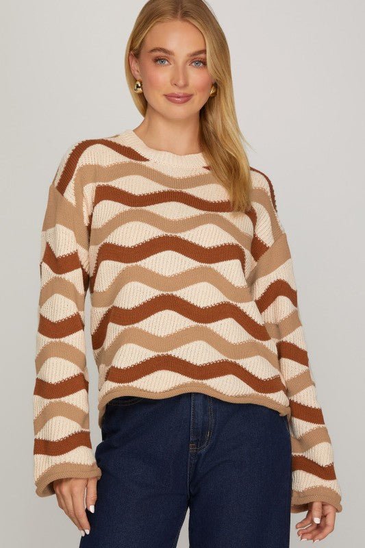 Caramel & Taupe Wavy Striped Sweater - The Nines