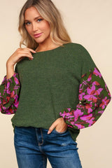 Olive Green Floral Sleeve Top - FINAL SALE