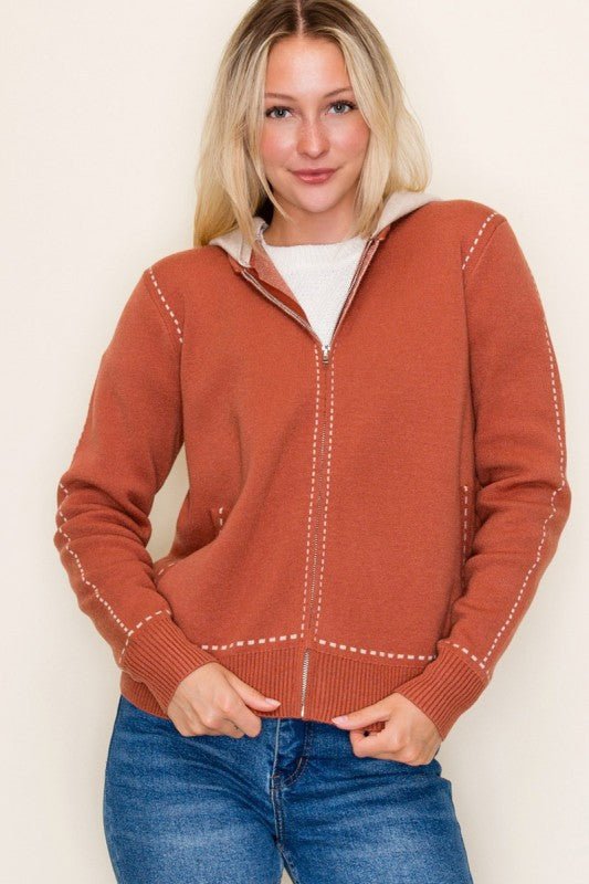 Stitched Sweater Jacket with Detachable Hood - 2 Colors! - The Nines