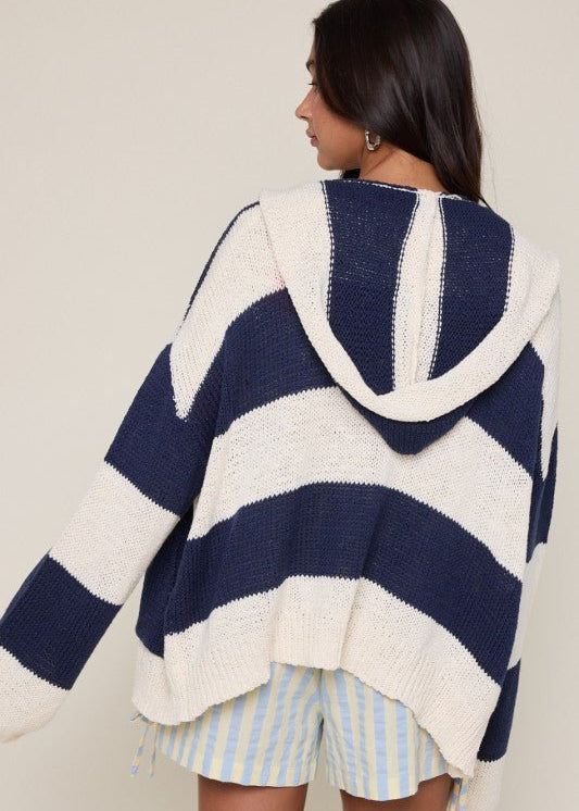 Navy Striped Hooded Beachy Cardigan - The Nines