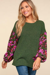 Olive Green Floral Sleeve Top - FINAL SALE