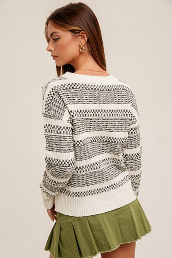 Black & Off White Textured Pullover
