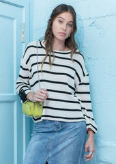 Black Striped Button Sleeve Pullover