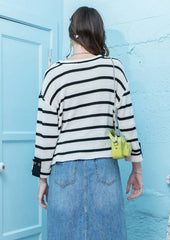 Black Striped Button Sleeve Pullover