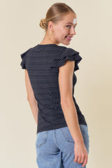 Stay A While Shimmer Striped Ruffle Sleeve Tops - 2 colors!