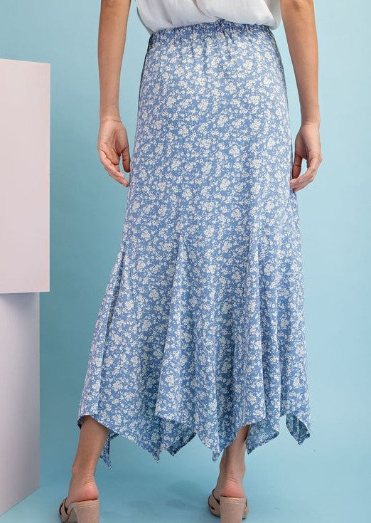 Blue Pleated Floral Skirt