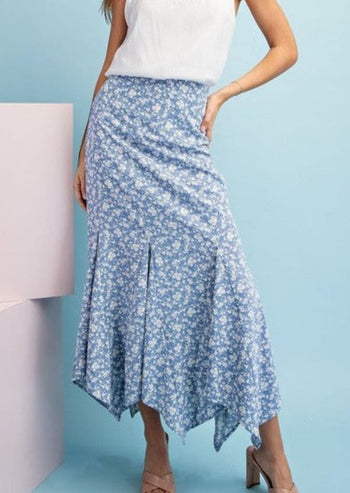 Blue Pleated Floral Skirt