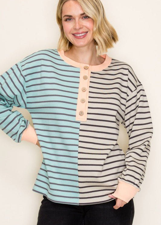 Jade & Oatmeal Henley Sweatshirt - The Nines