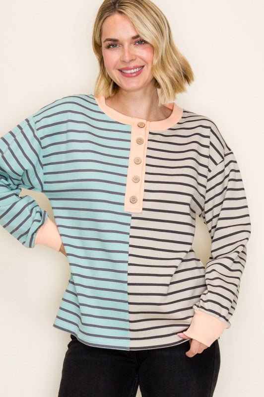 Jade & Oatmeal Henley Sweatshirt - The Nines