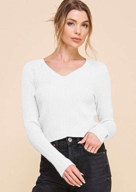 White Cable Knit V-Neck Top