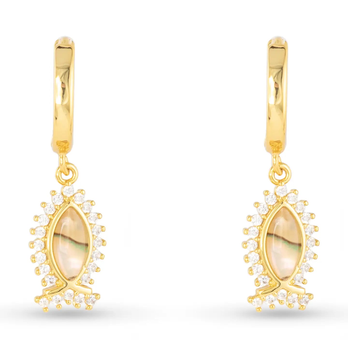 Gold Abalone & Cz Tan Fish Drop Earrings - The Nines