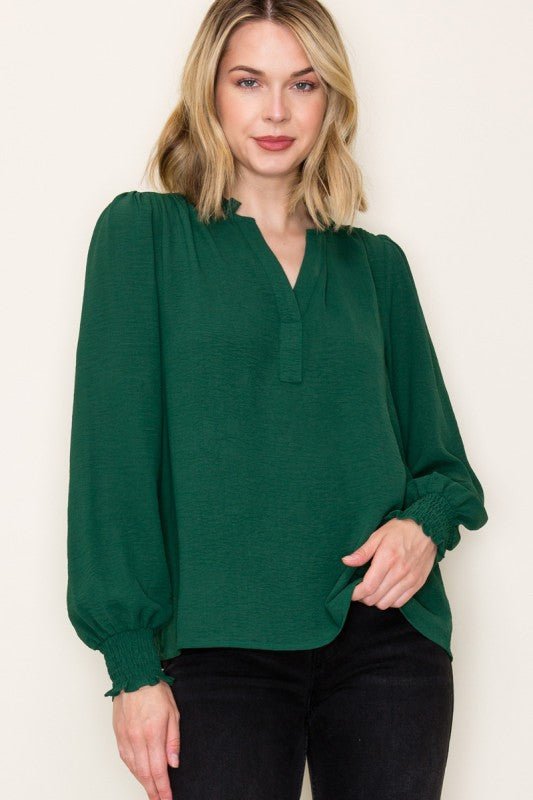 Split Neck Smocked Sleeve Top - 3 Colors! - The Nines